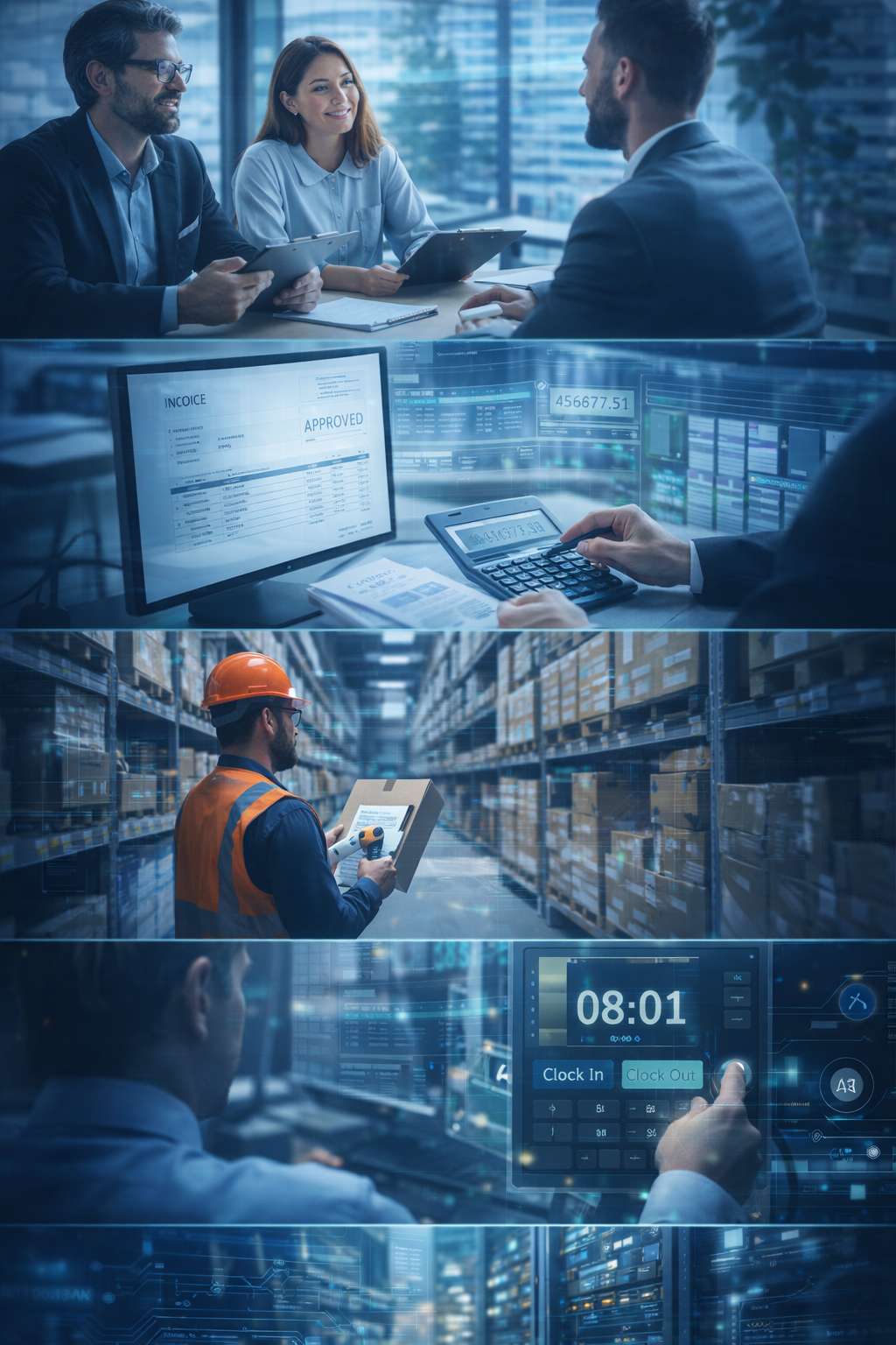 Business operations including HR interviews, expense management, inventory tracking and productivity monitoring